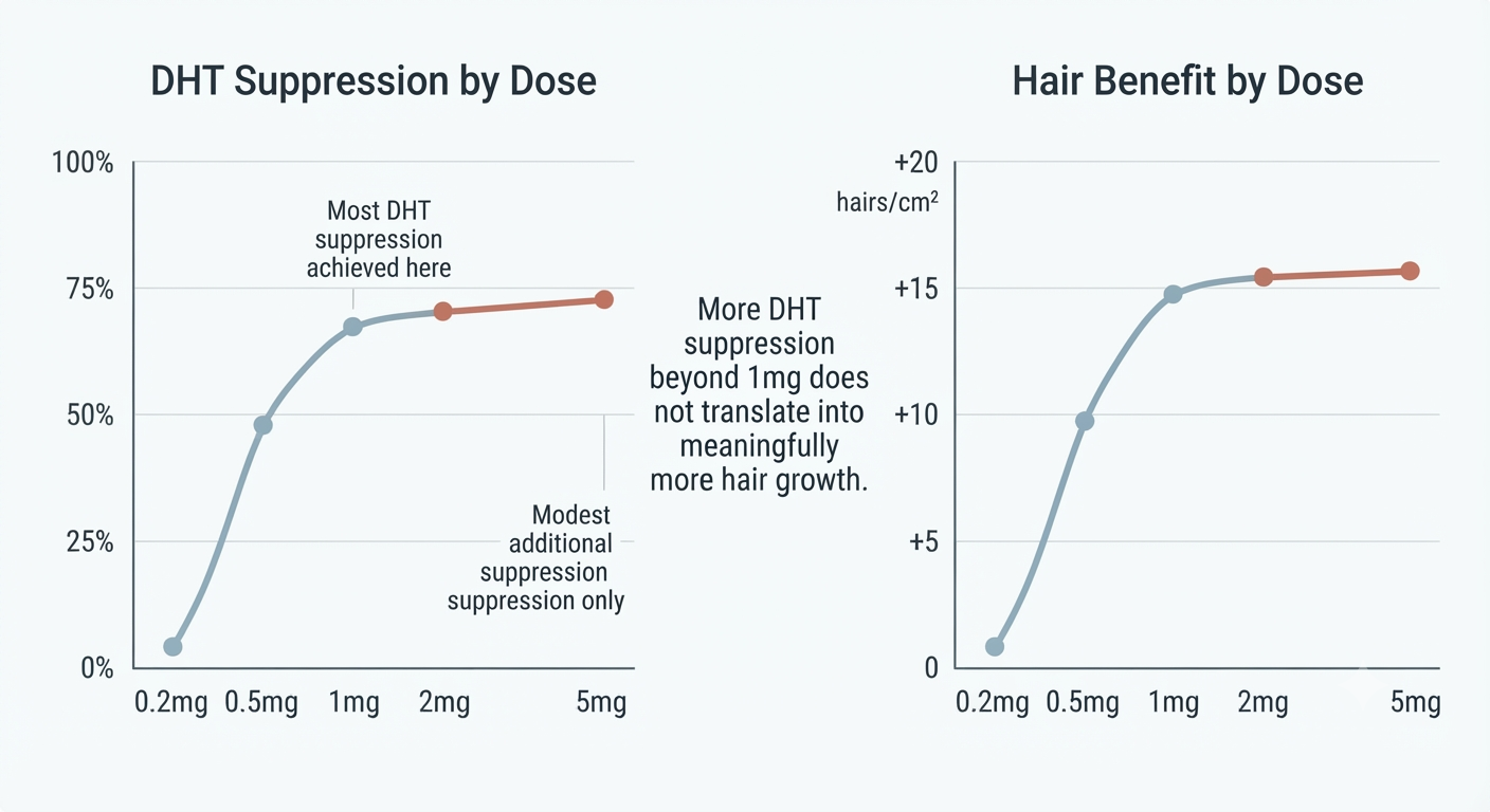 Diagram showing DHT suppression and hair benefit plateau across dose levels