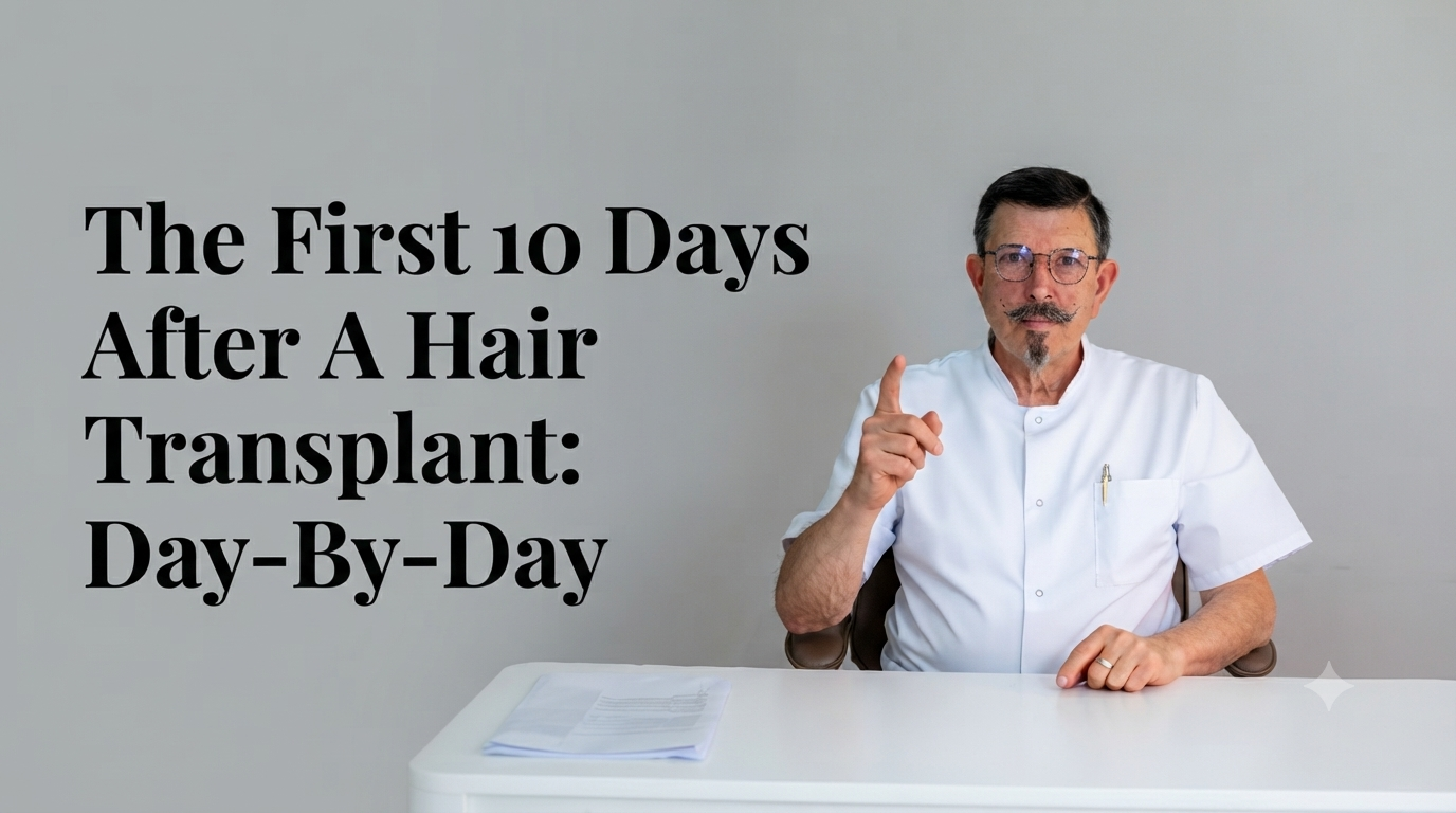 The first 10 days after a hair transplant day by day blog title on a clean background