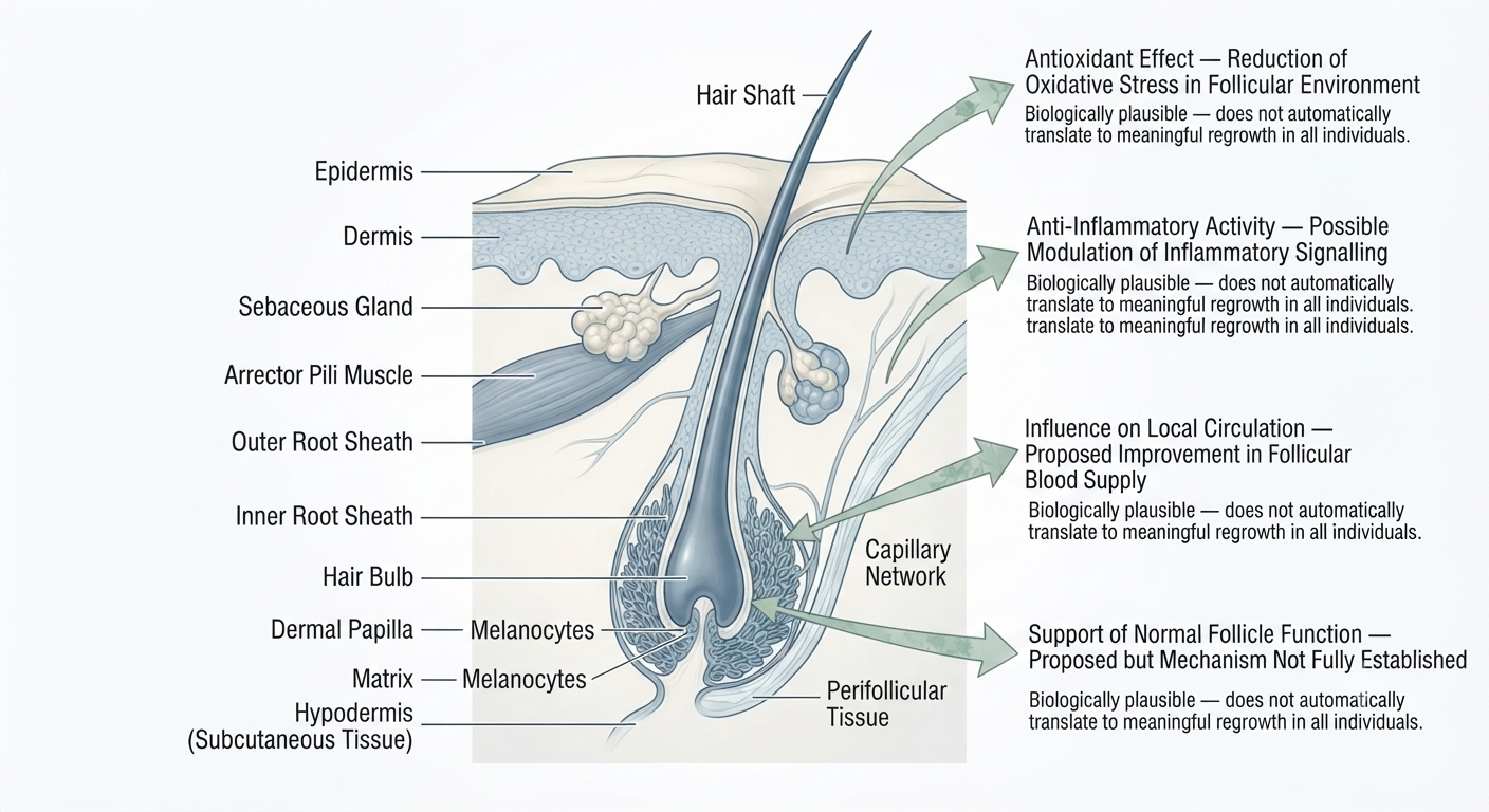 Diagram of proposed biological mechanisms of rosemary oil at the scalp level