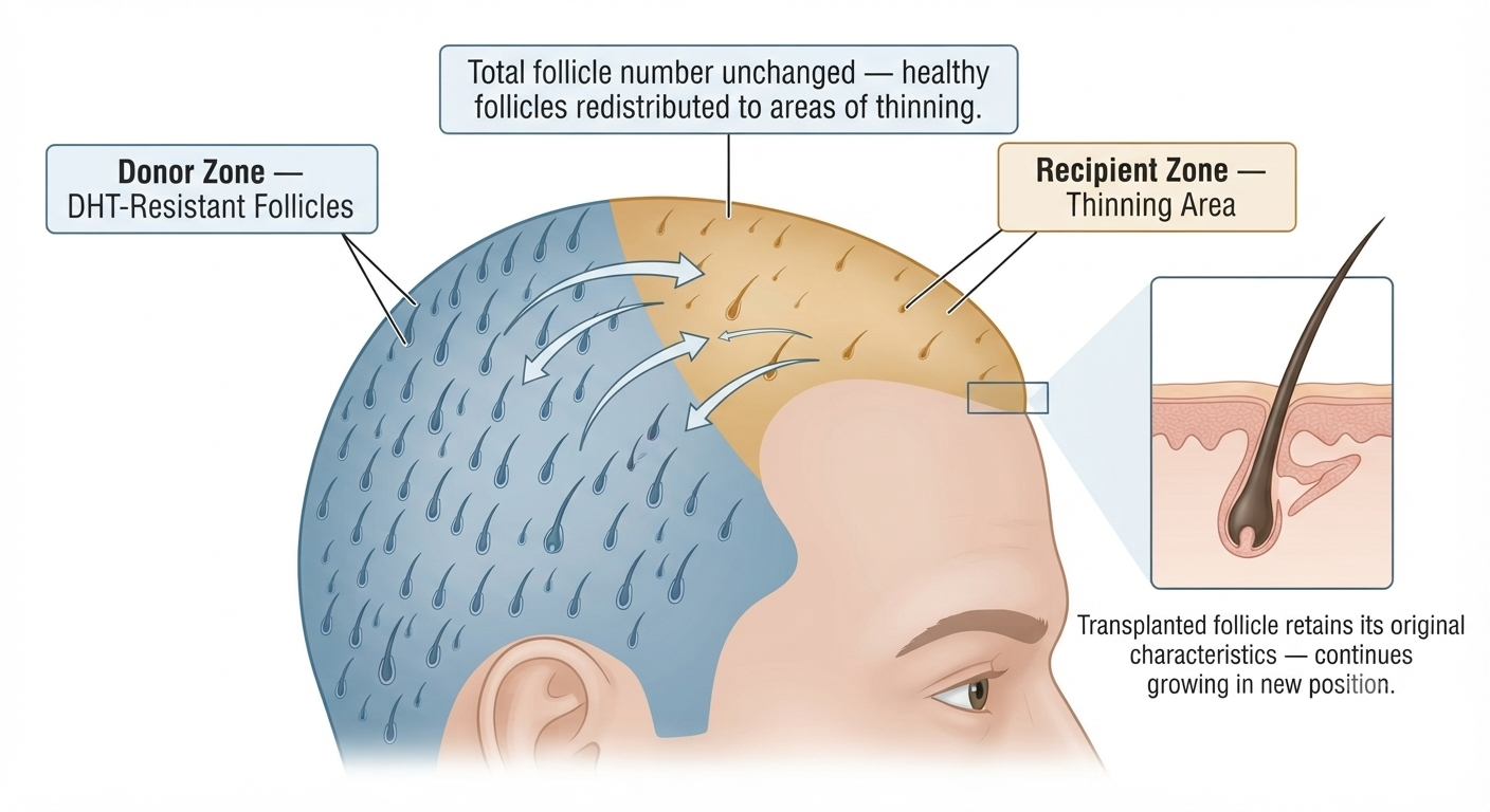 Diagram showing follicle redistribution from donor to recipient zone