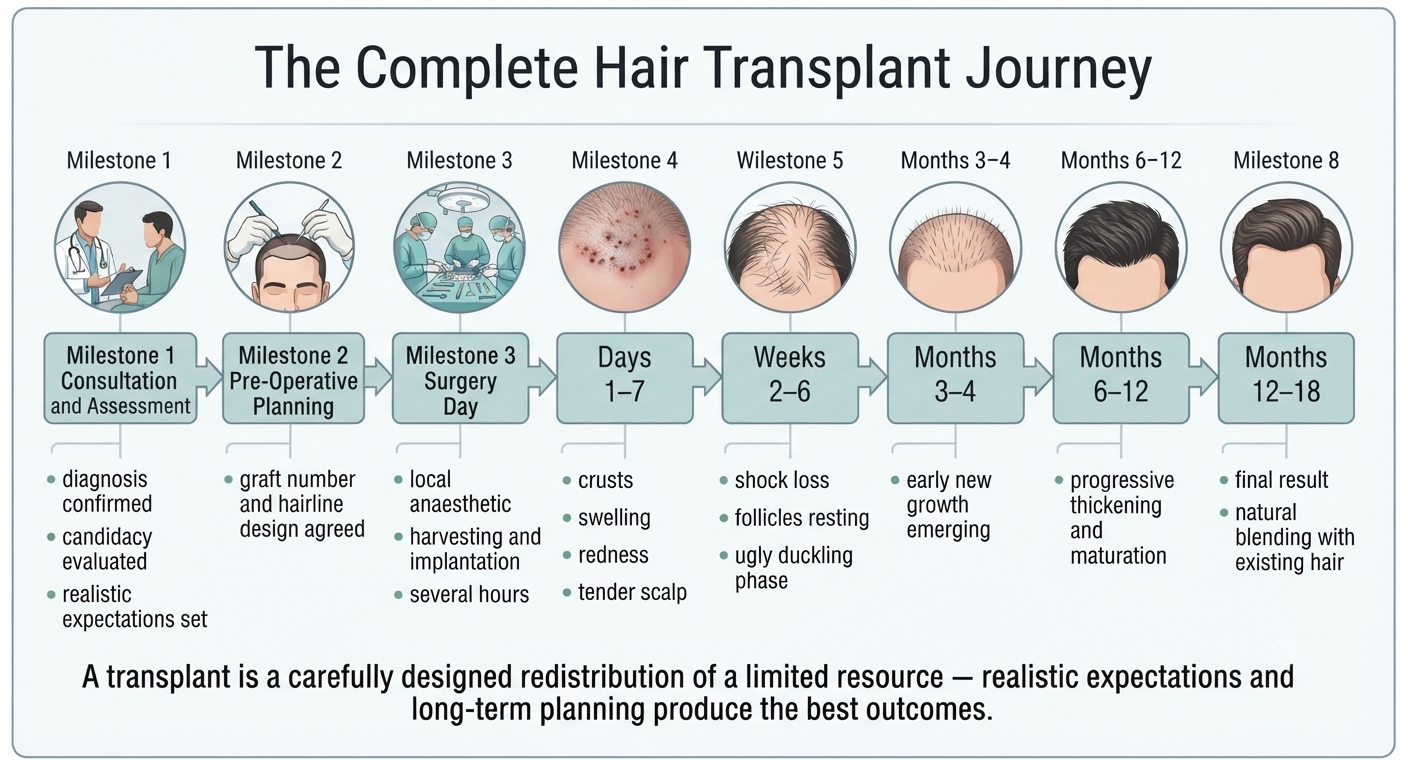 Summary timeline showing the complete hair transplant journey from consultation to final result