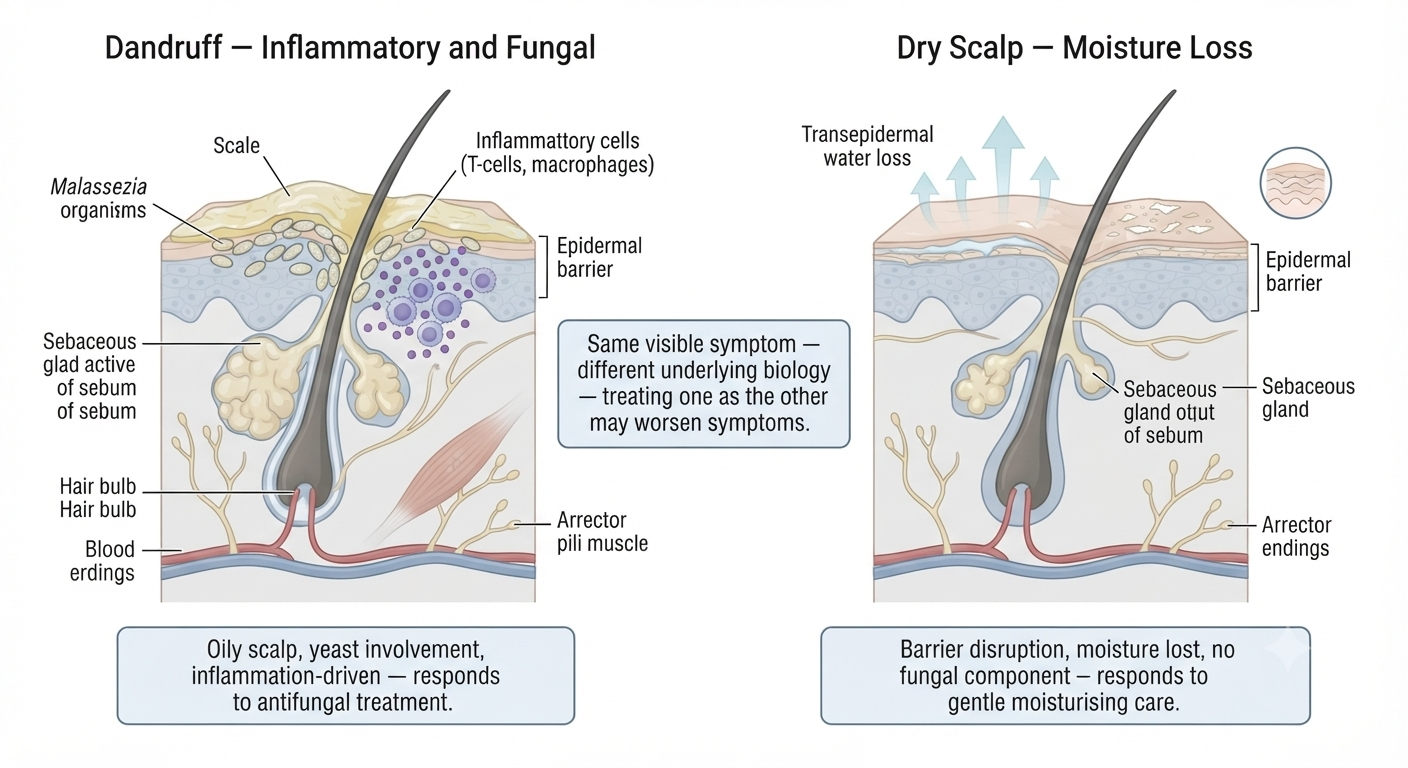 Side-by-side comparison of dandruff and dry scalp at the skin level