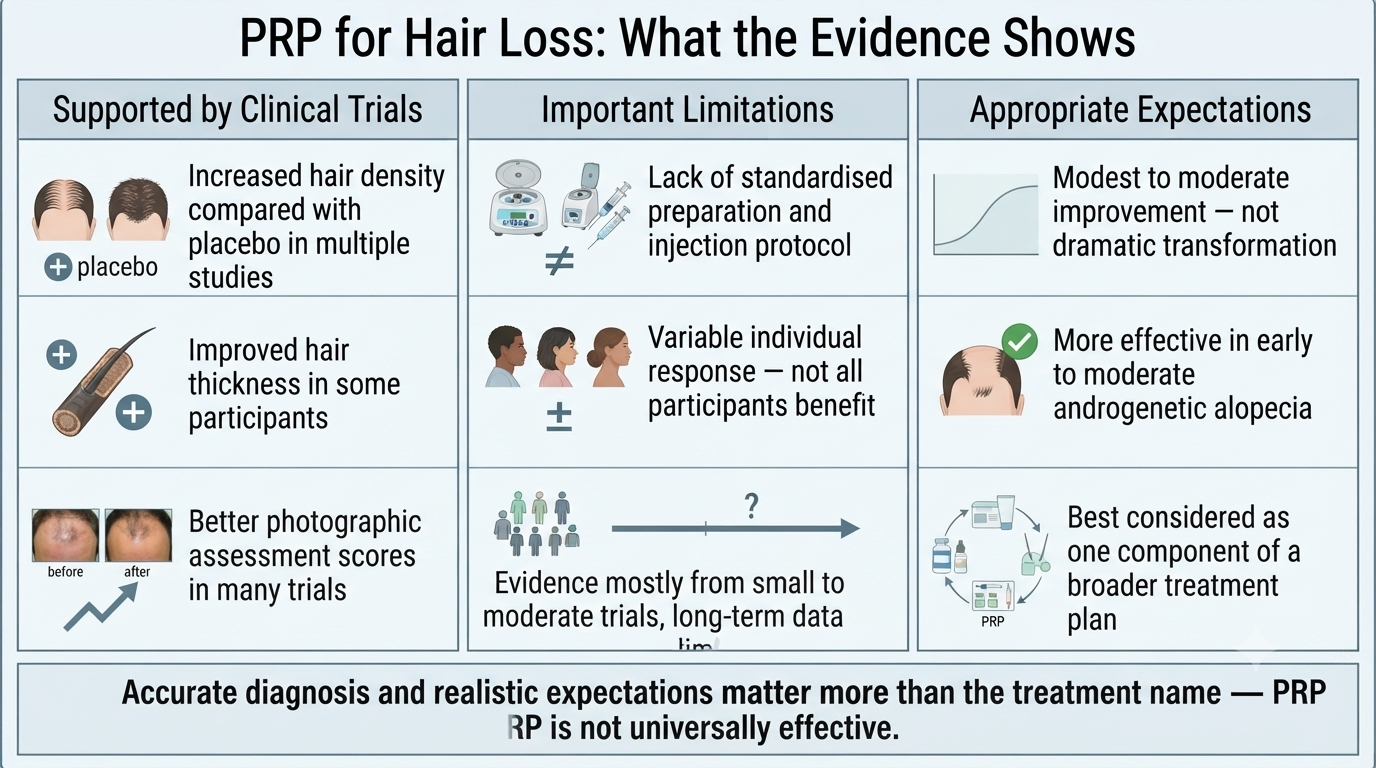 Summary balanced assessment of PRP positioning within hair loss management