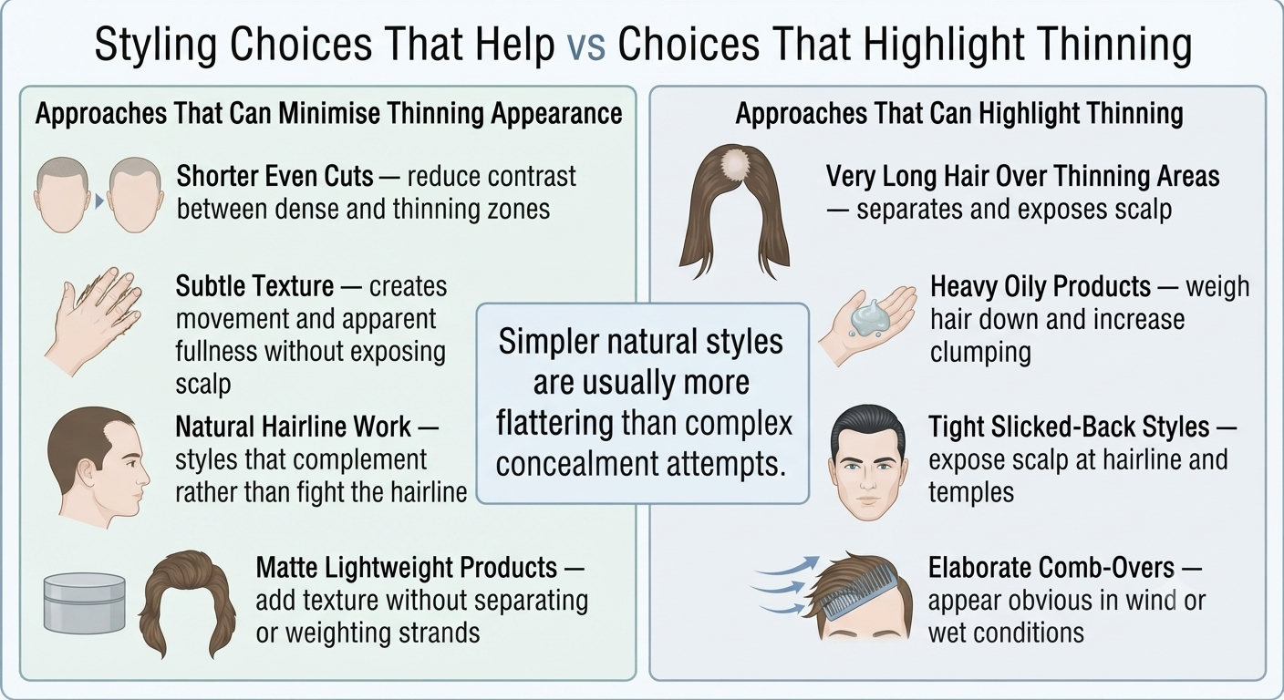 Structured diagram of styling choices that highlight vs minimise thinning