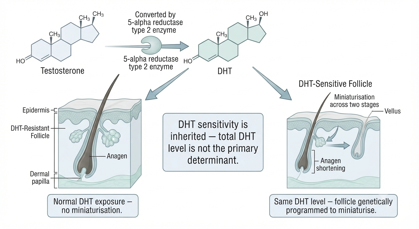 Diagram showing DHT production pathway and its effect on susceptible follicles