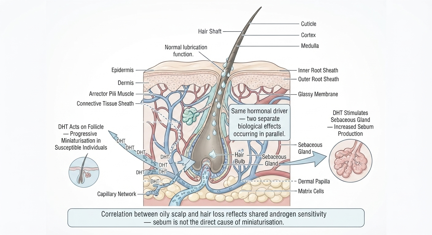 Diagram showing shared androgen influence on sebaceous glands and hair follicles