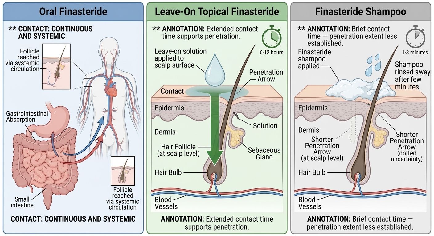 Diagram comparing contact time and penetration between oral, leave-on topical, and shampoo delivery