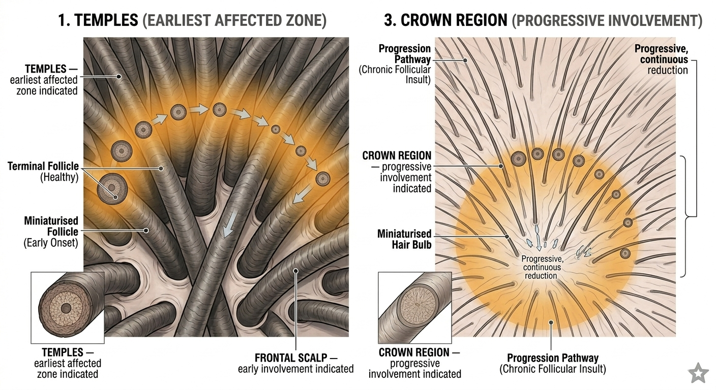 Scalp map showing regional onset of miniaturisation