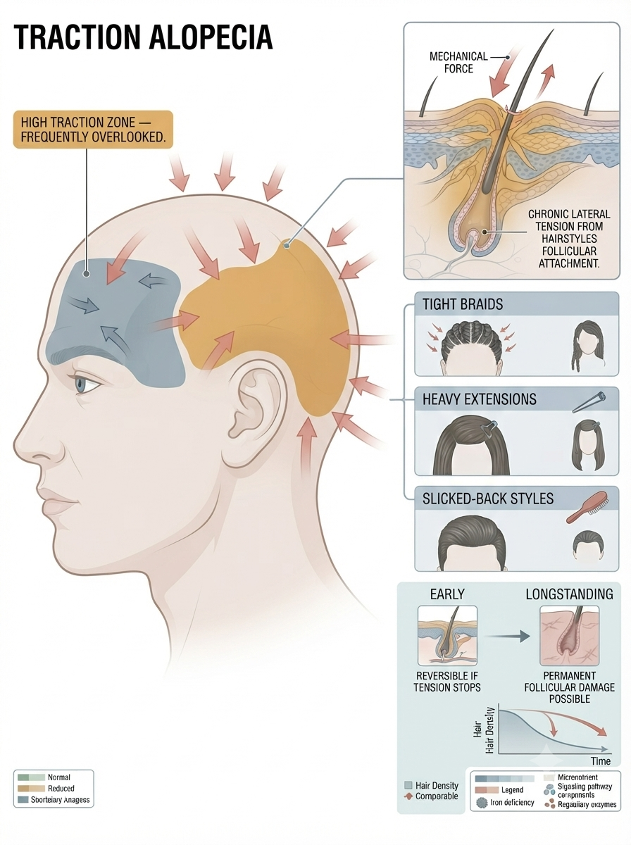 Diagram showing traction force distribution behind the ear from common hairstyles