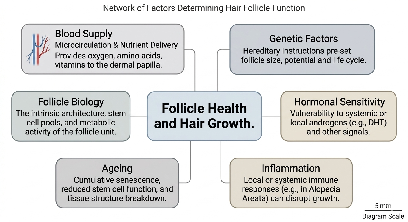 Summary diagram showing blood supply as one node within the broader follicle biology network