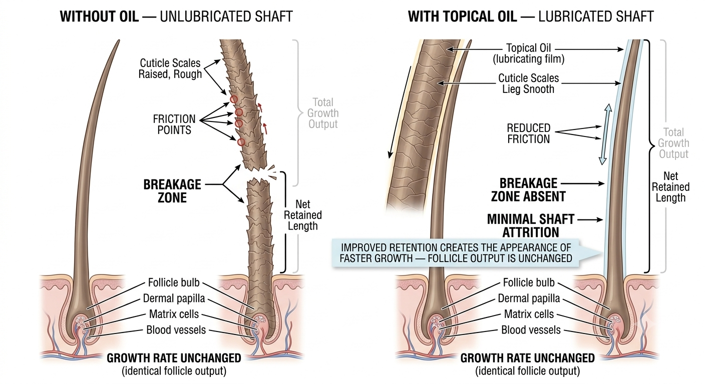 Diagram distinguishing oil-related breakage reduction from follicle growth acceleration