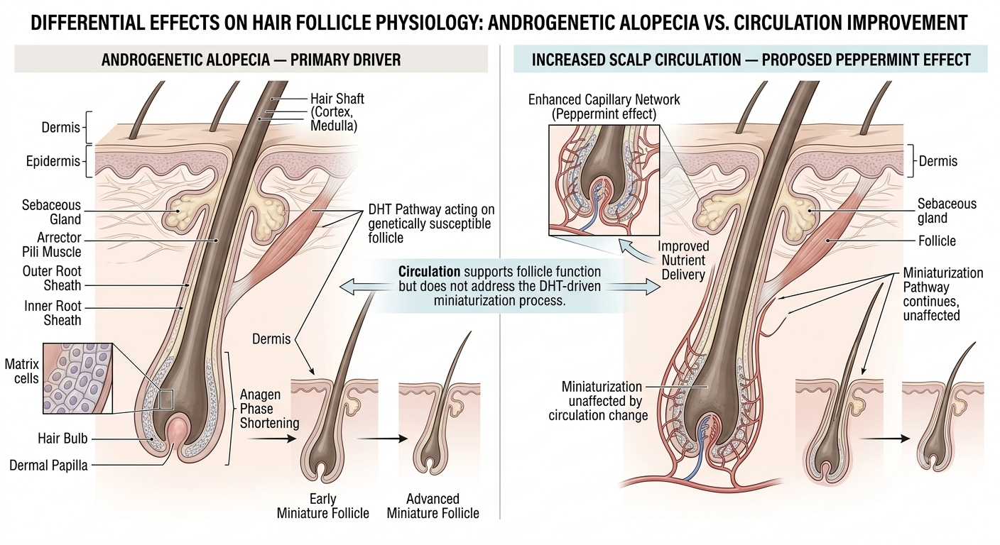 Diagram showing why increased scalp circulation does not reverse androgenetic alopecia