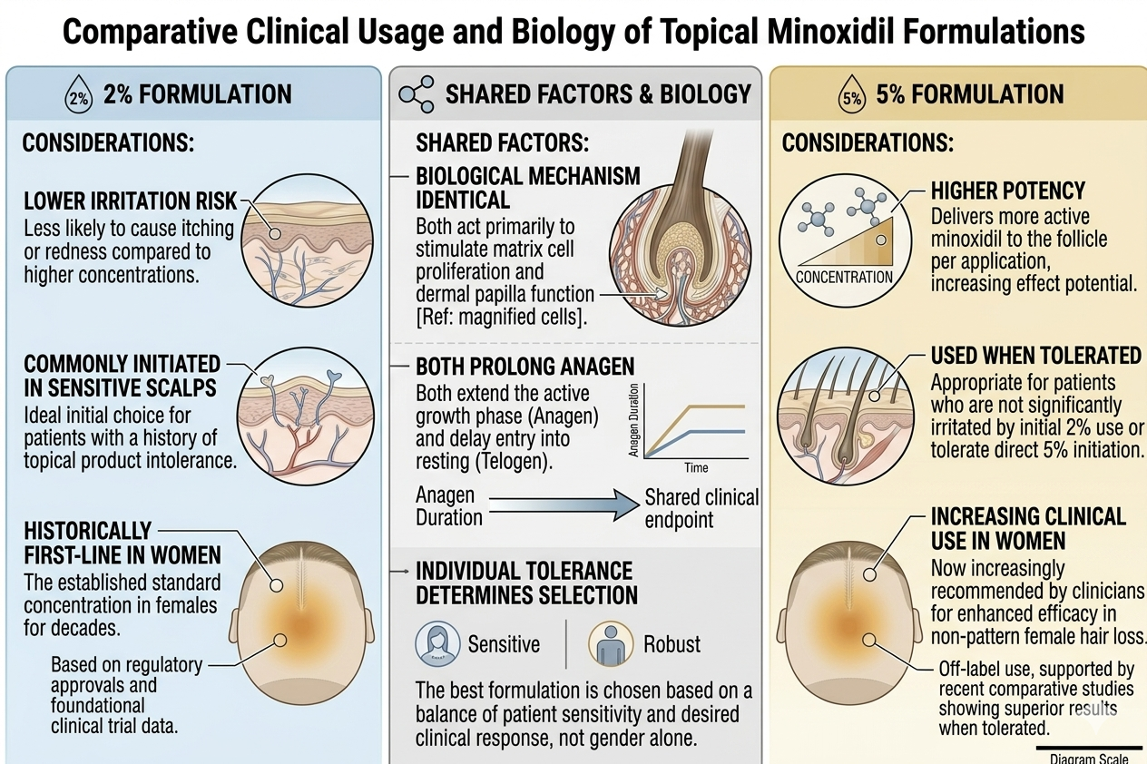 Comparison table of 2% vs 5% minoxidil considerations