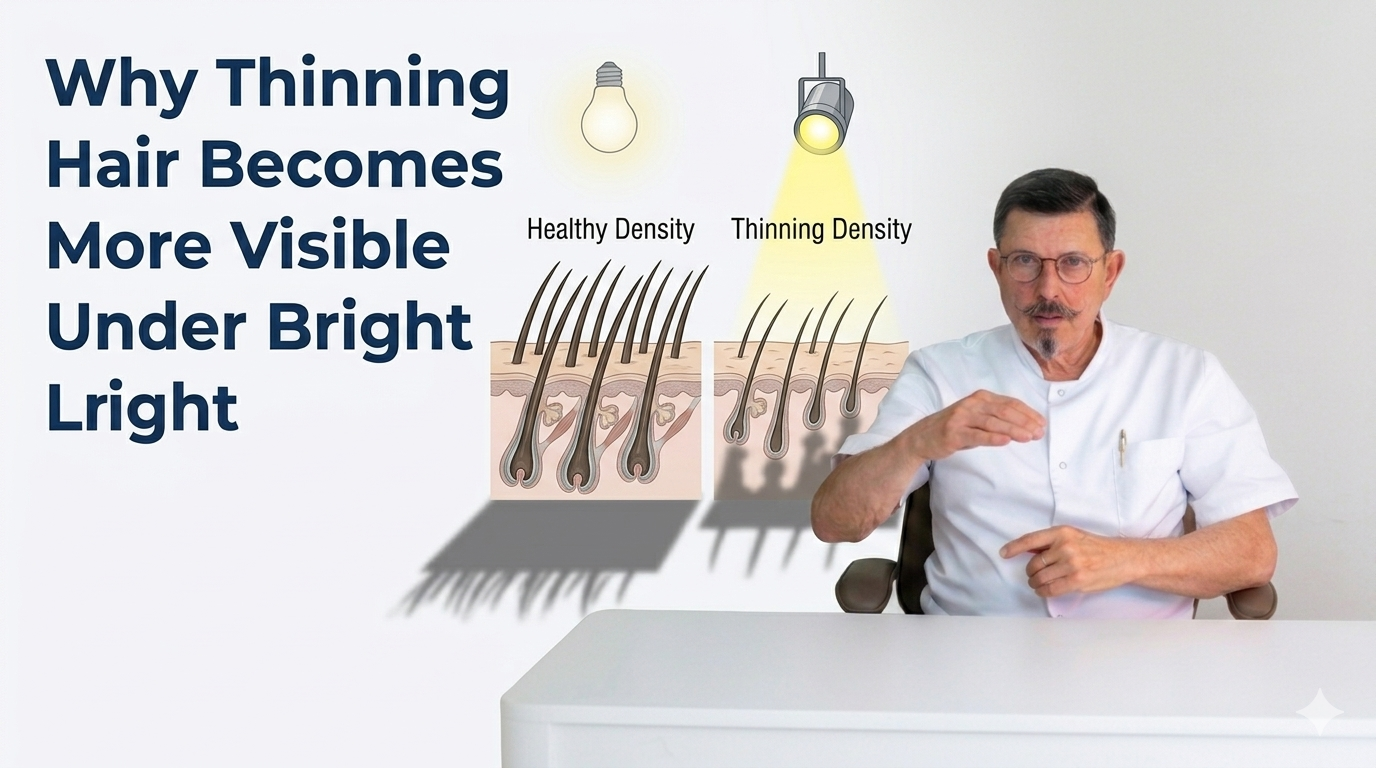 Why thinning hair becomes more visible under bright light blog title on a clean background