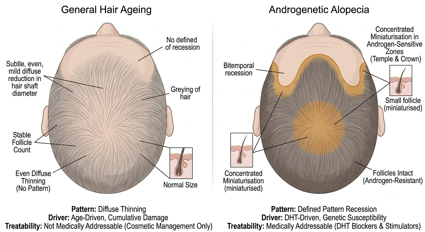 Diagram distinguishing general hair ageing from androgenetic alopecia