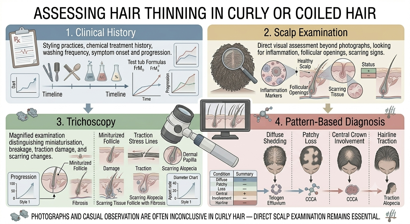 Summary diagnostic pathway diagram for assessing thinning in curly or coiled hair
