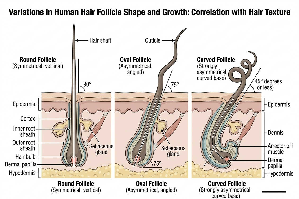 Follicle shape comparison — round, oval, curved — and resulting hair form