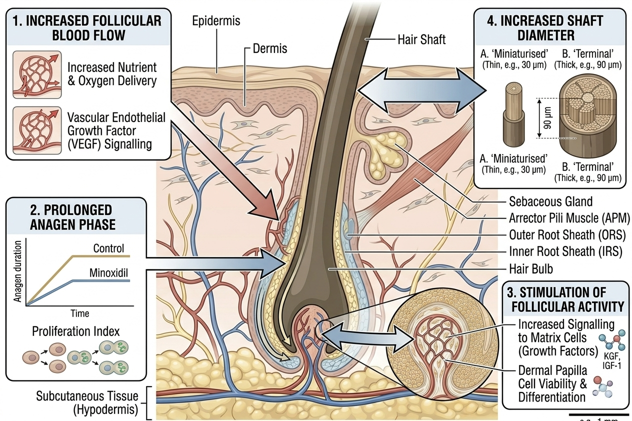 Diagram of minoxidil's biological mechanisms at the follicle level
