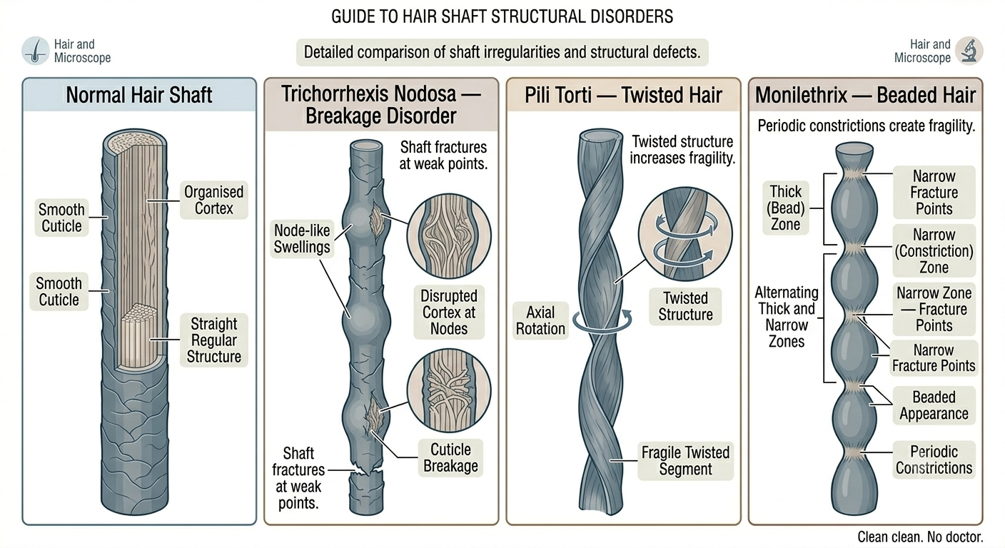Diagram showing normal vs structurally abnormal hair shaft types