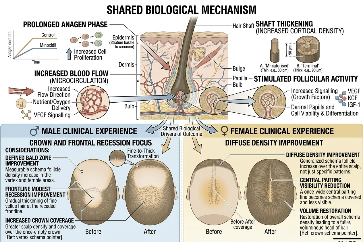 Summary diagram contrasting biological mechanism vs clinical experience in women and men