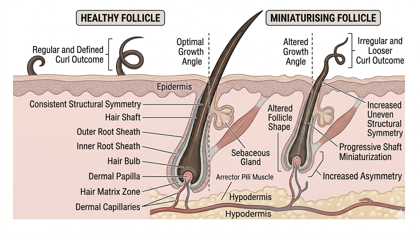 Diagram showing how follicle shape changes alter curl pattern during miniaturisation