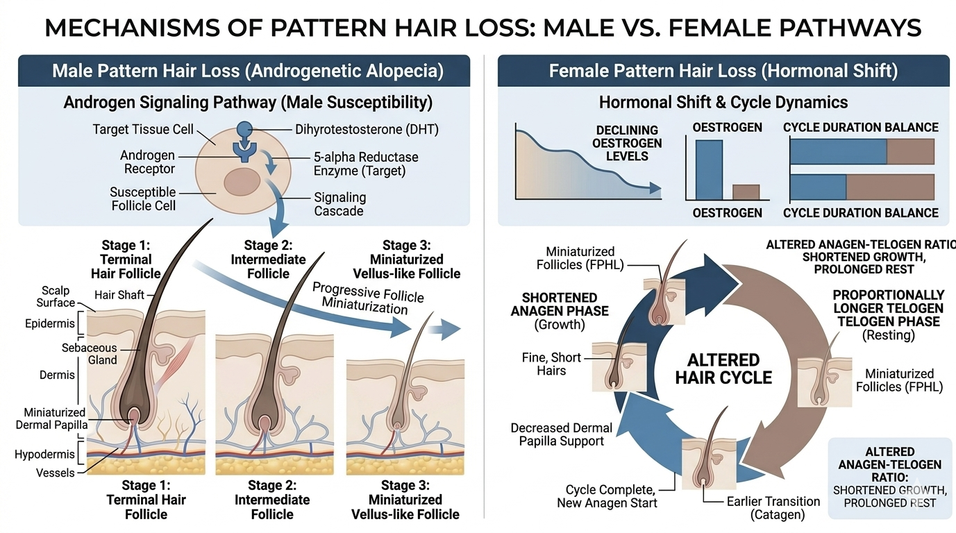 Diagram showing hormonal influence pathways on follicle behaviour in men and women