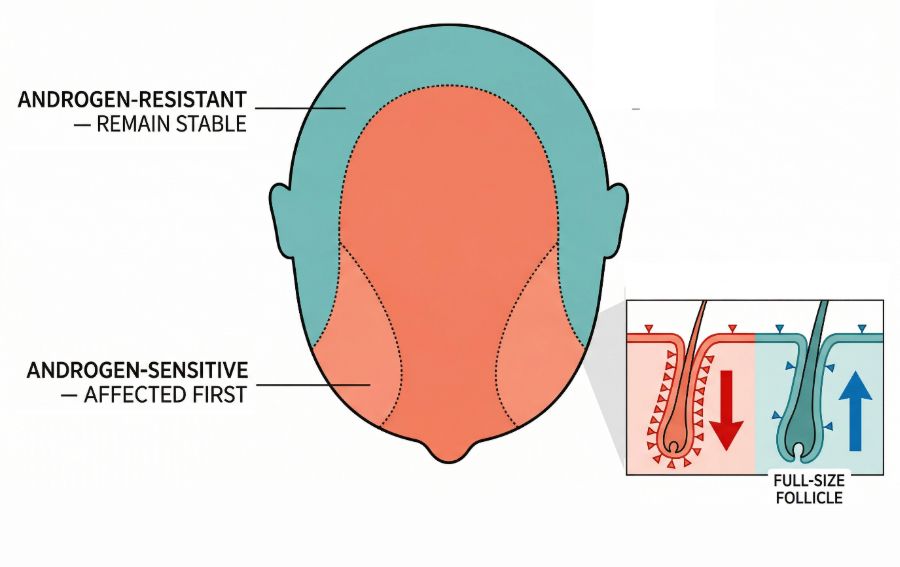 Areas of the scalp first affected by androgen sensitivity