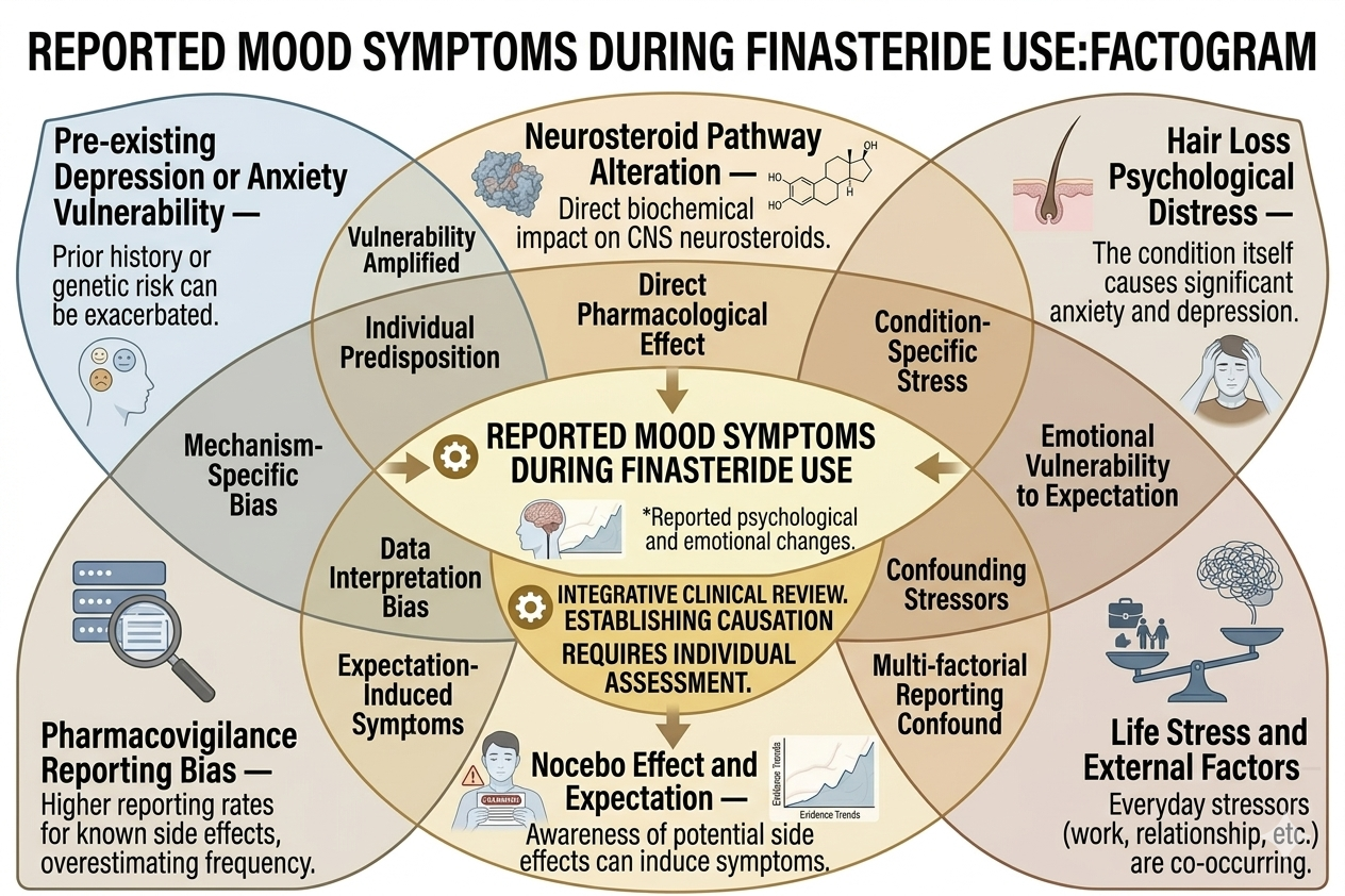 Diagram showing overlapping factors that complicate causal interpretation