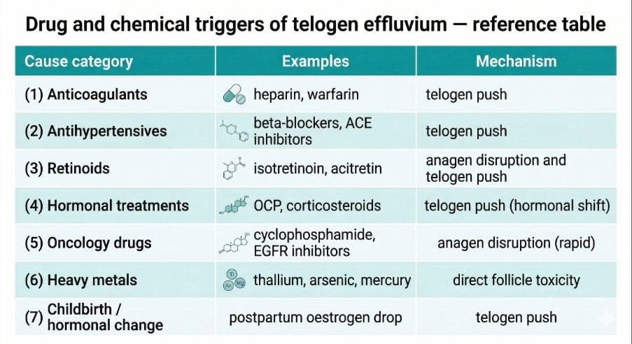 Table explaining common triggers of Telogen effluvium 