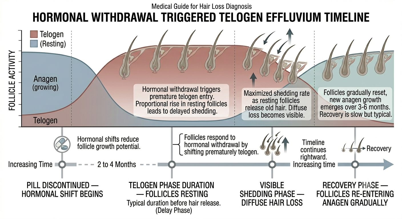 Timeline diagram showing hormonal shift and delayed telogen effluvium after pill discontinuation