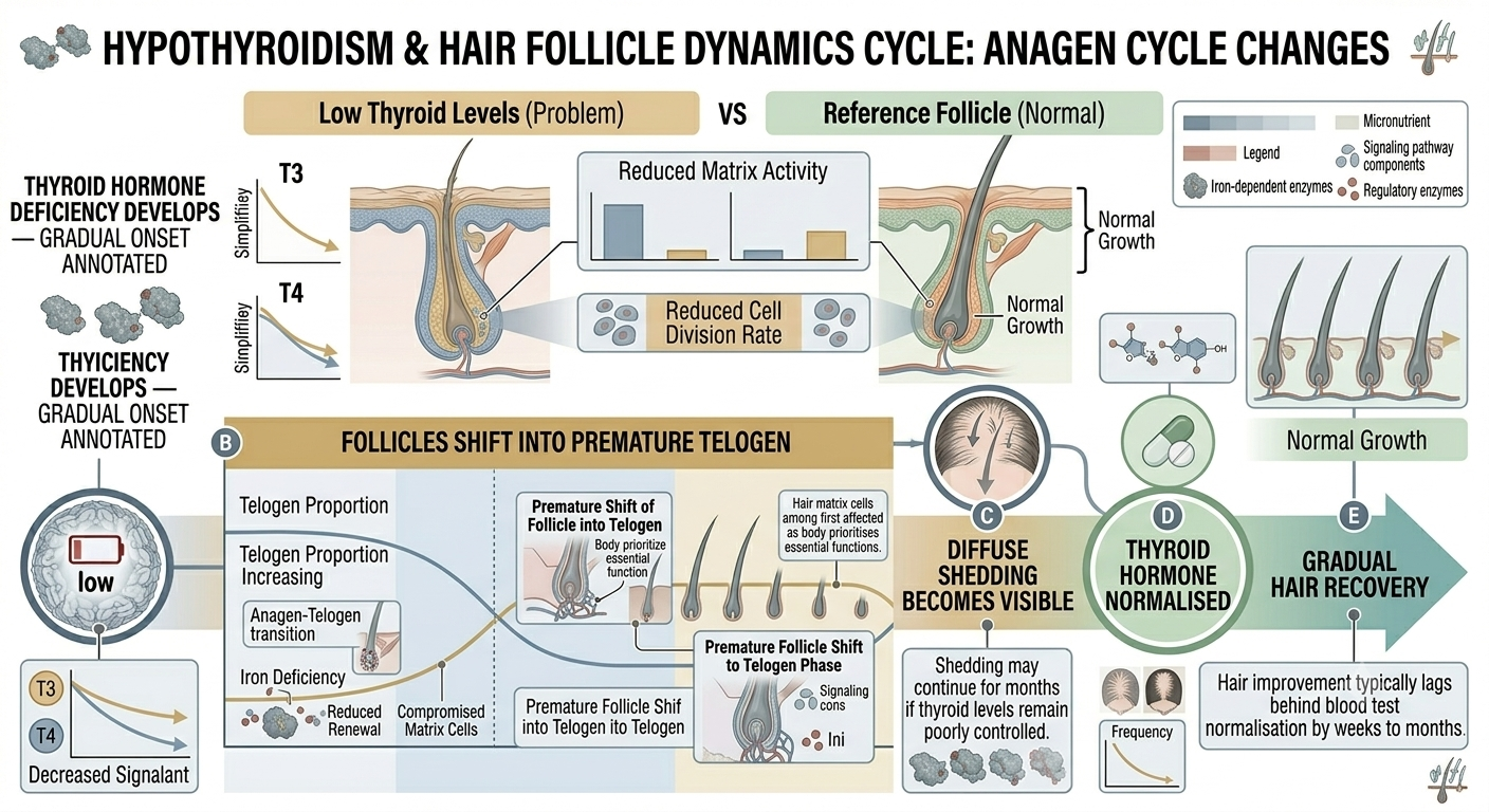 Timeline diagram of hypothyroid-related telogen effluvium progression