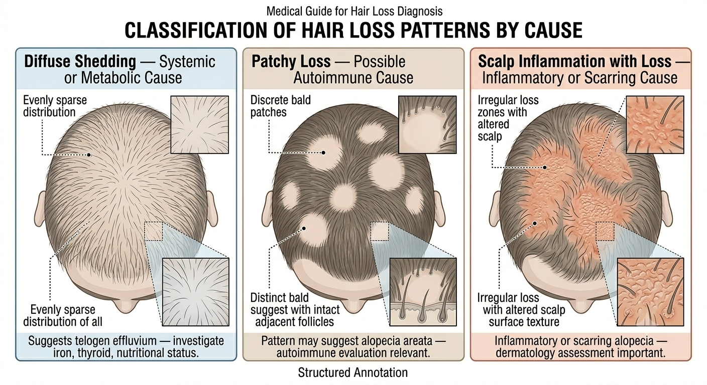 Diagram comparing hair loss patterns associated with different systemic causes