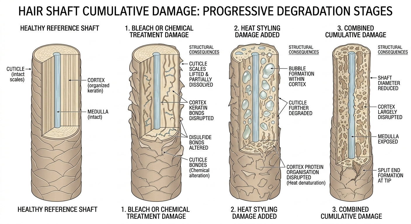 Diagram showing cumulative damage to hair shaft from combined chemical and heat stress