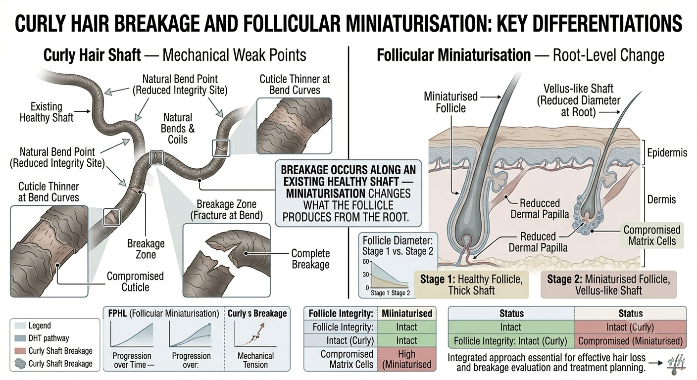 Diagram comparing curly hair shaft fragility points with true follicular miniaturisation