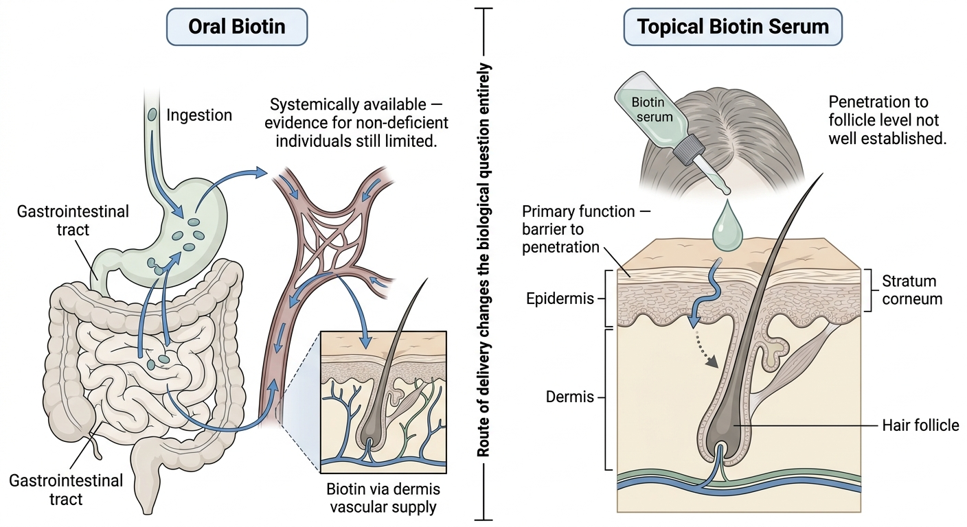 Diagram comparing oral and topical biotin delivery pathways