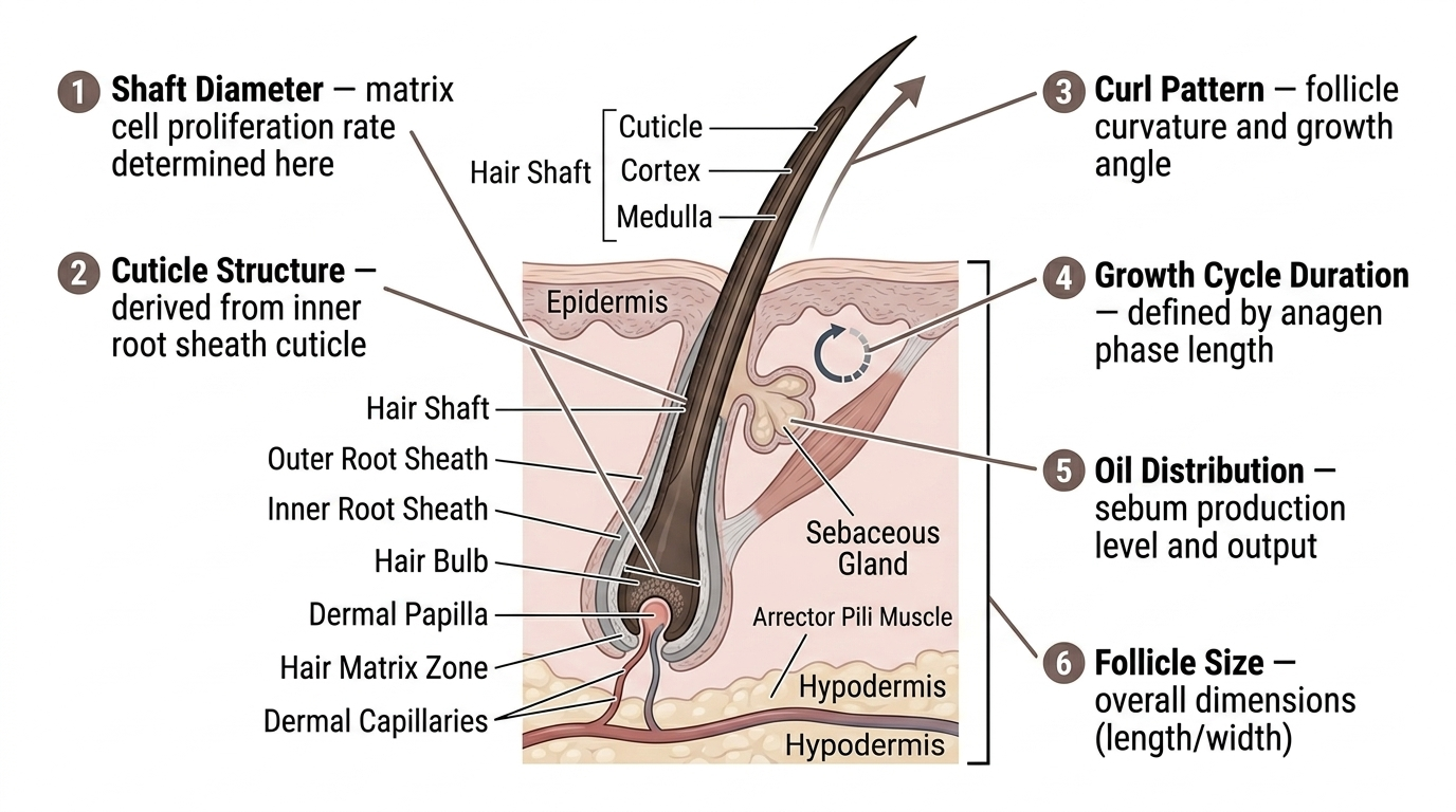 Diagram mapping biological determinants of hair texture to follicle structures