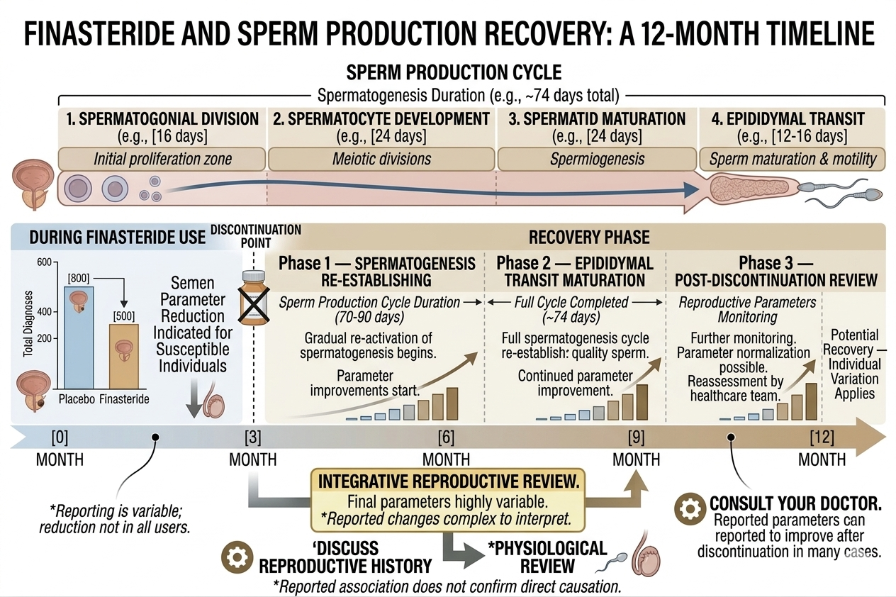 Timeline diagram of sperm production cycle and recovery timeline after discontinuation