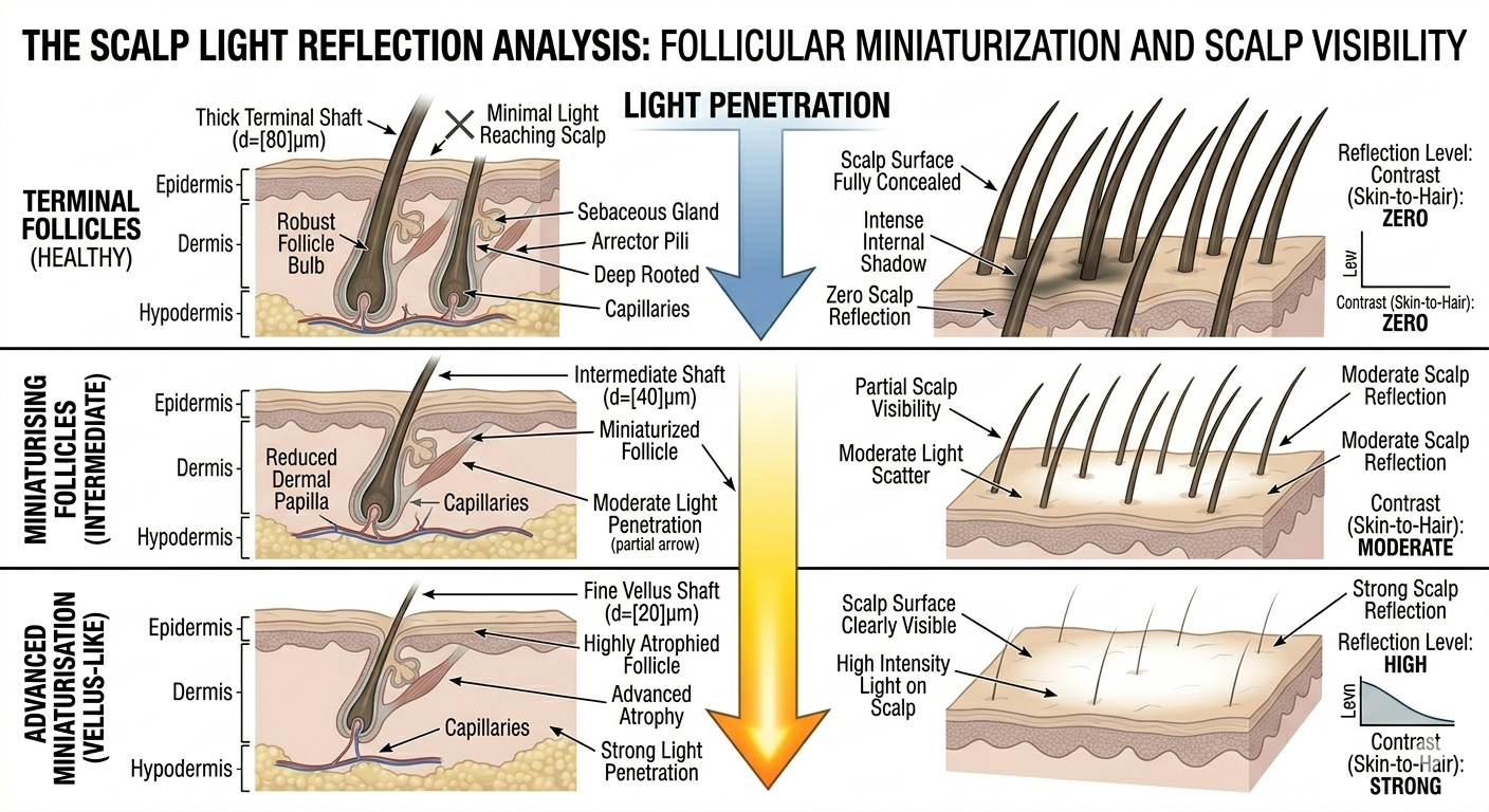 Summary diagram showing how progressive miniaturisation interacts with light to increase scalp visibility