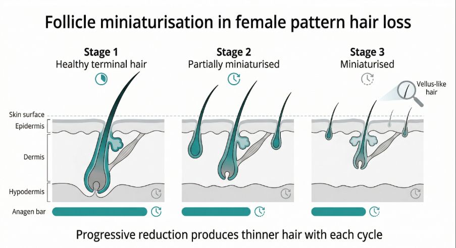 Follicle miniaturisation in female pattern hair loss