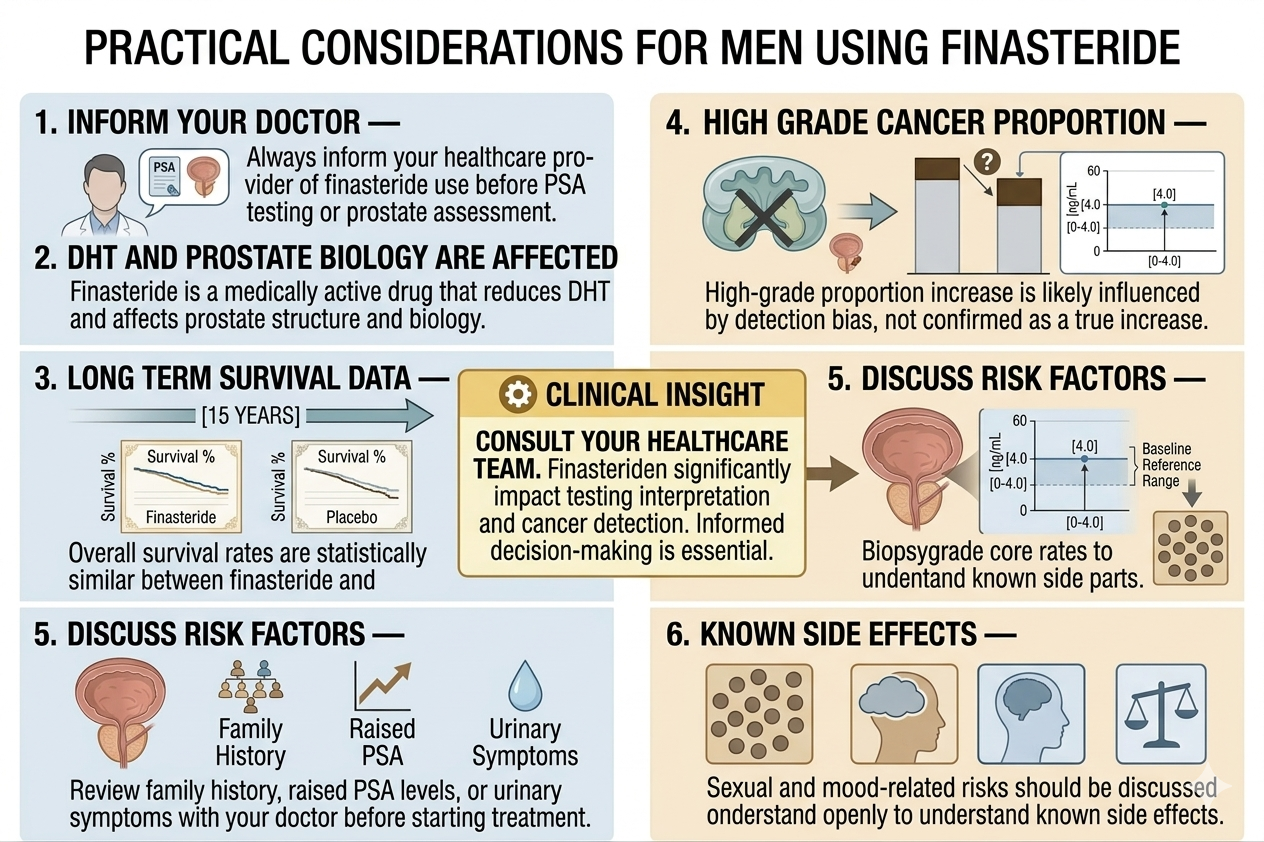 Summary diagram of practical takeaways for hair loss patients using finasteride