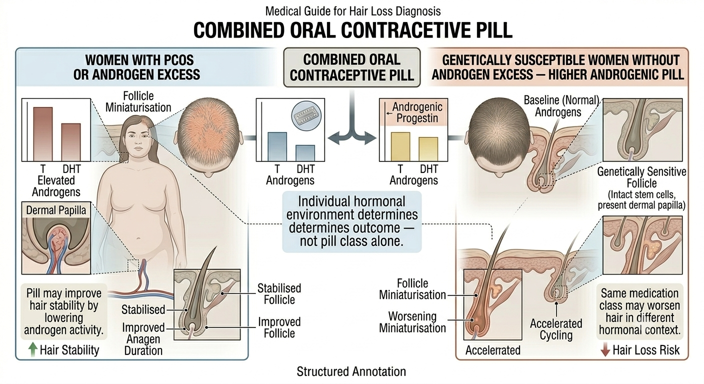 Diagram showing opposite hair outcomes from same pill class in different hormonal contexts