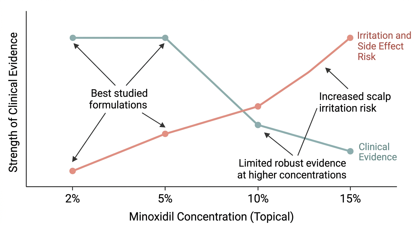 Diagram showing evidence base and irritation risk across minoxidil concentrations