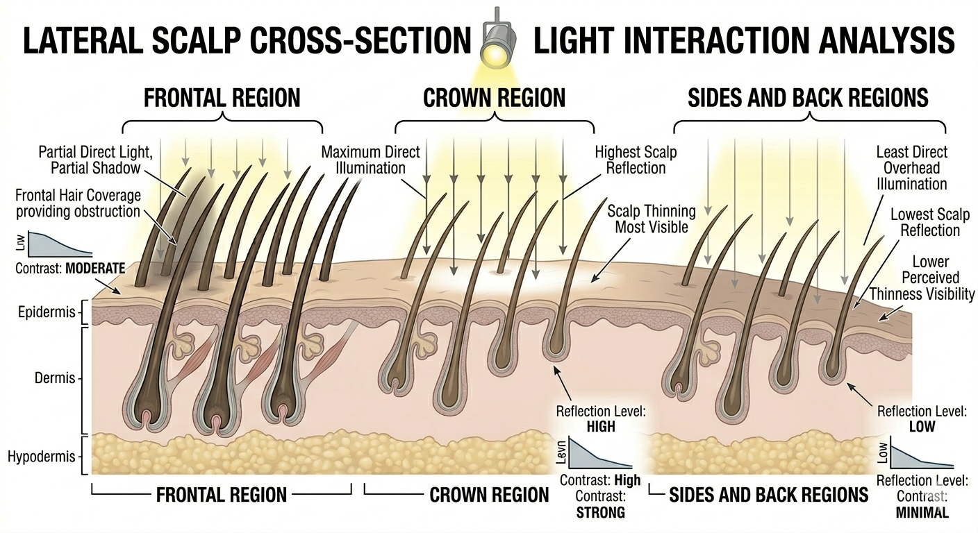 Diagram showing directional overhead light exposure at the crown vs other scalp regions