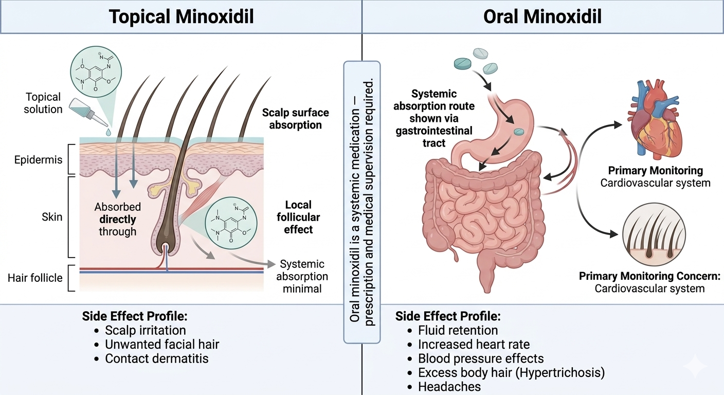 Comparison diagram of topical vs oral minoxidil — mechanism, route, and safety profile