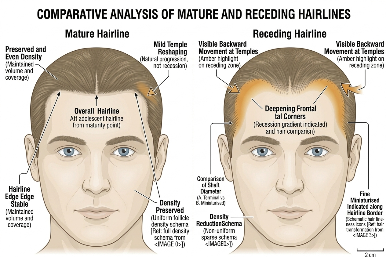 Diagram comparing a mature hairline vs a receding hairline