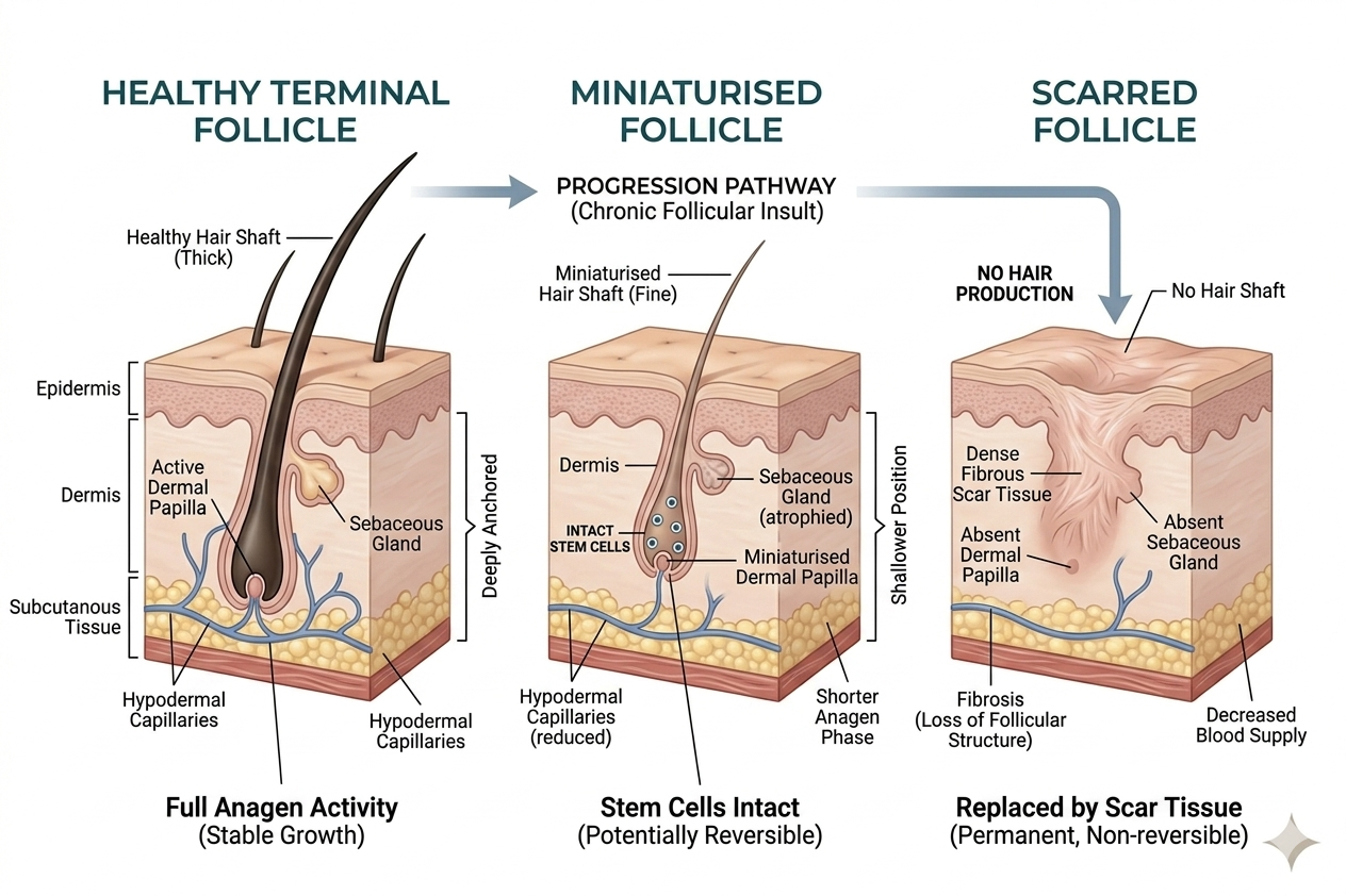 Summary diagram contrasting reversible vs permanent follicle states