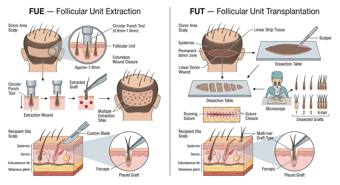 Diagram comparing FUE and FUT techniques at the follicle level