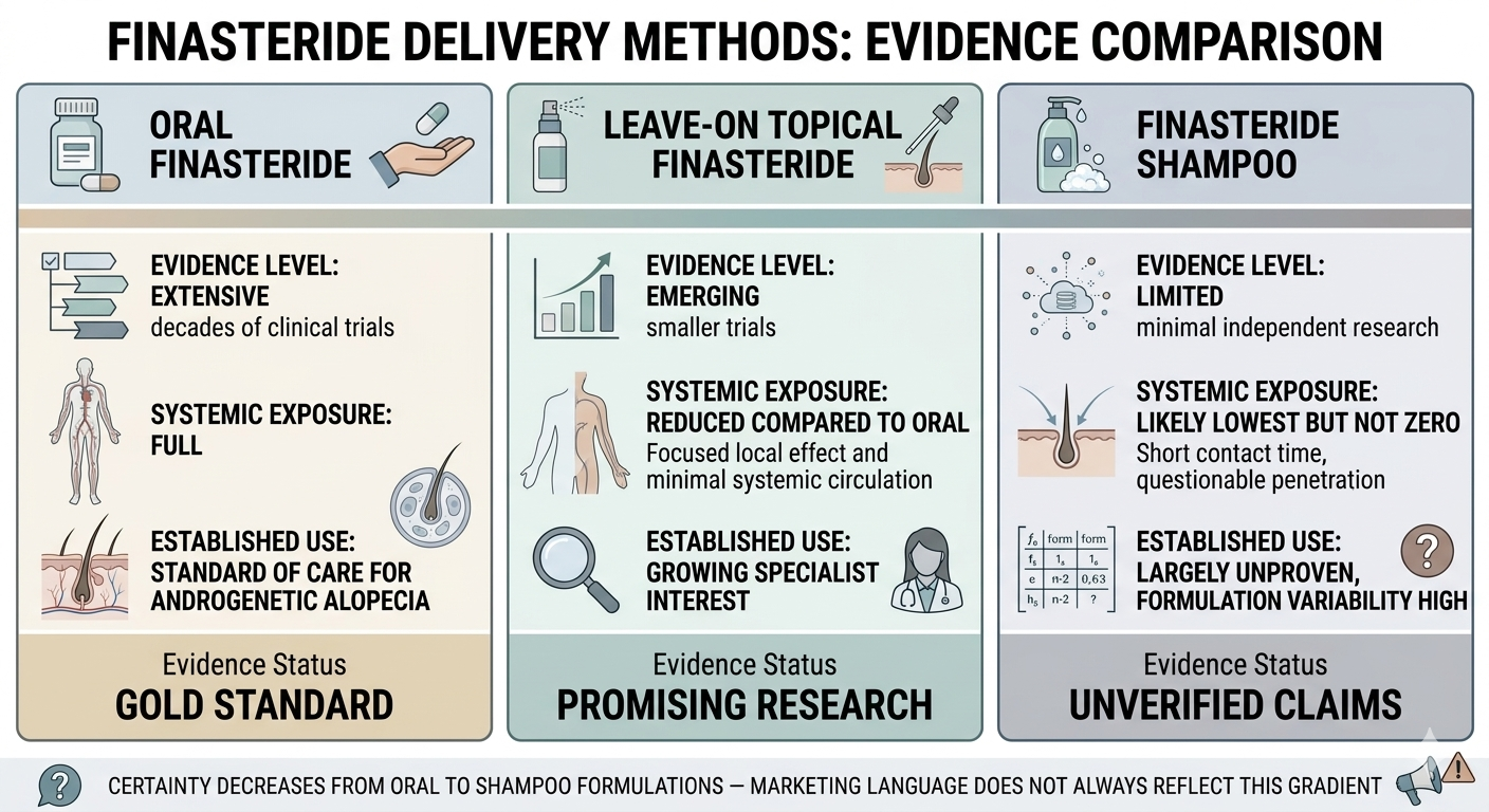 Summary evidence comparison diagram across all three finasteride delivery formats