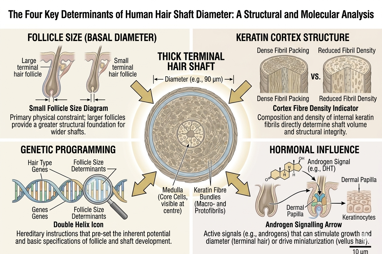 Summary diagram mapping determinants of hair thickness