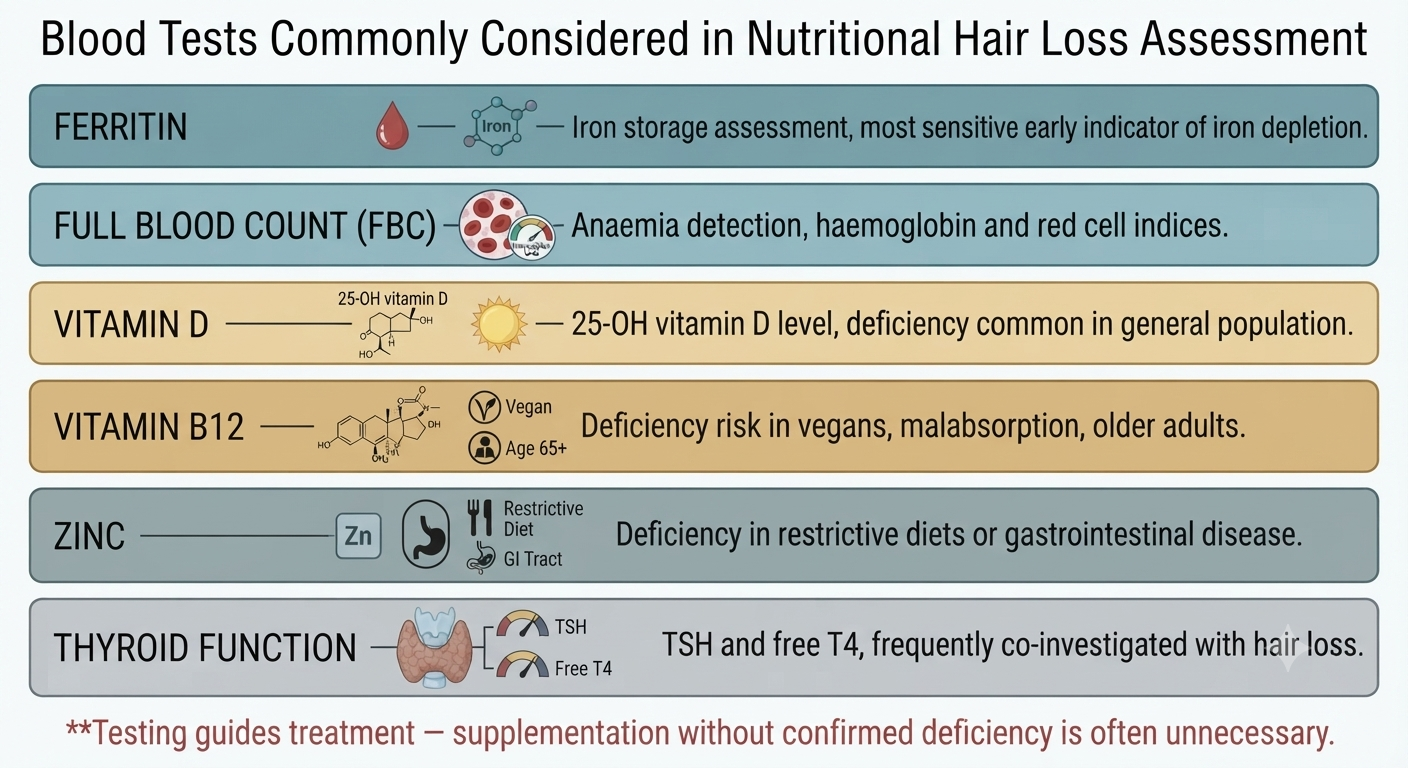 Structured diagram of clinically relevant blood tests for nutritional hair loss assessment